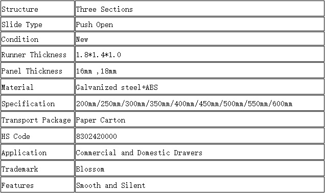 Blossom 11003 NP push to open undermount drawer slides specification, 3-section full extension concealed cabinet track dimensions, galvanized steel drawer slide parameters table